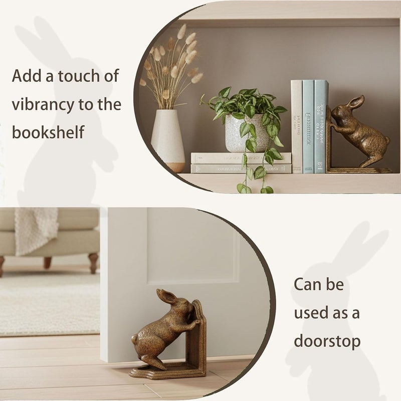 Remenna Decorative Bookends Antique Gold Bunny Book Ends, Heavy Duty Cast Iron Book Ends for Shelves,Unique bookends for Heavy Books, Vintage Decor 5.3 lbs - Image 3